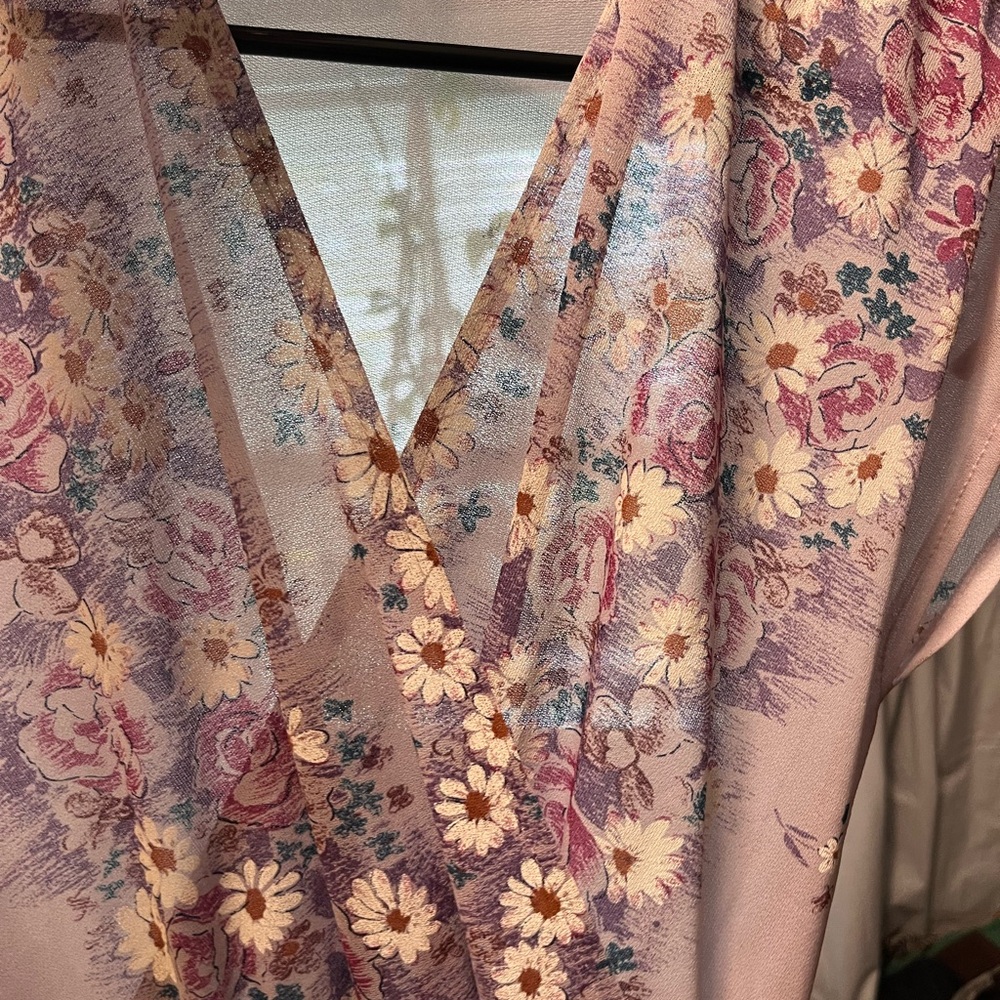 Dusty Mauve Floral Wrap Midi Dress with Self-Tie Waist - Picture 8 of 8